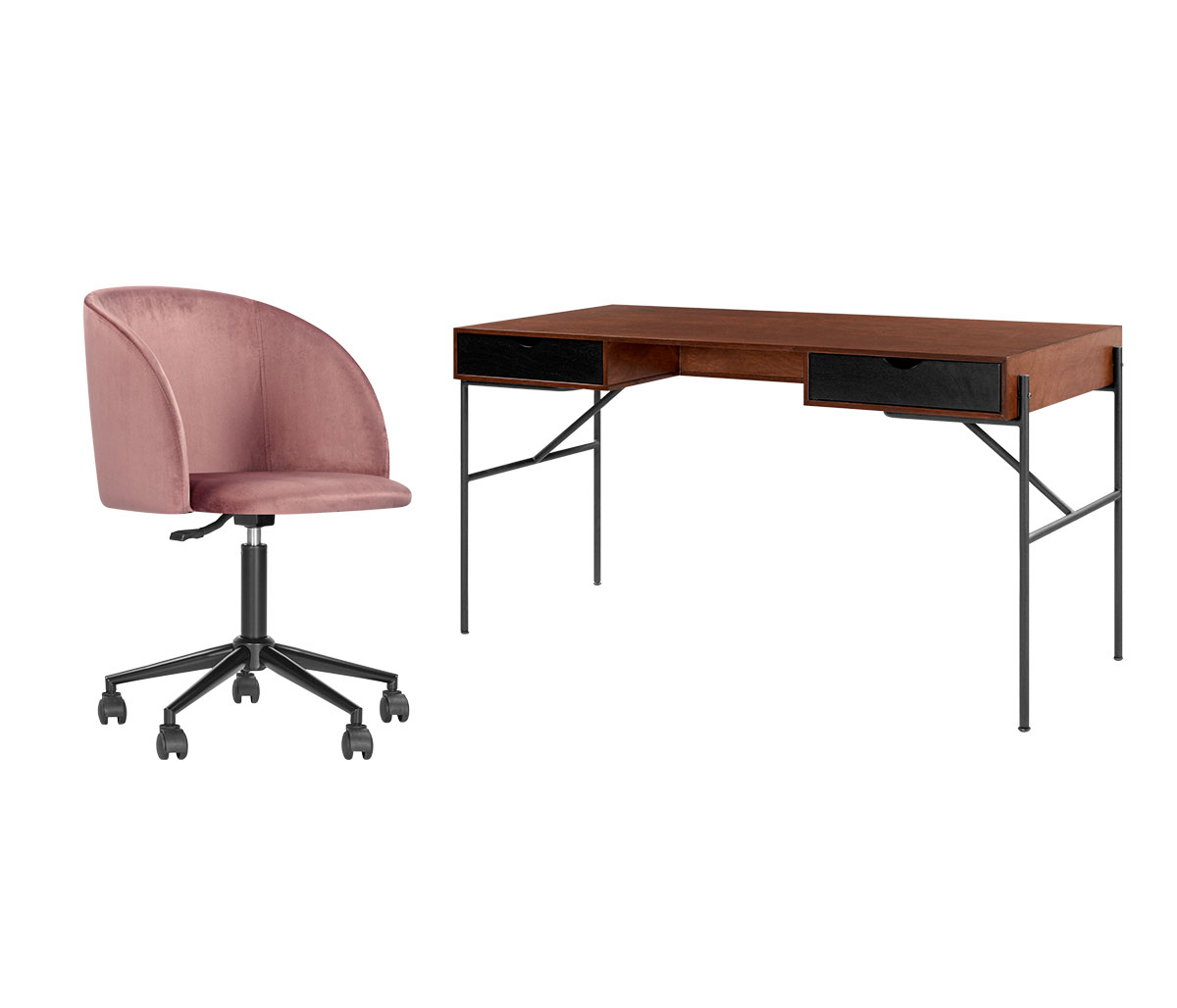 Escritorio Durik Nogal + Silla de oficina Rolet - Rosa