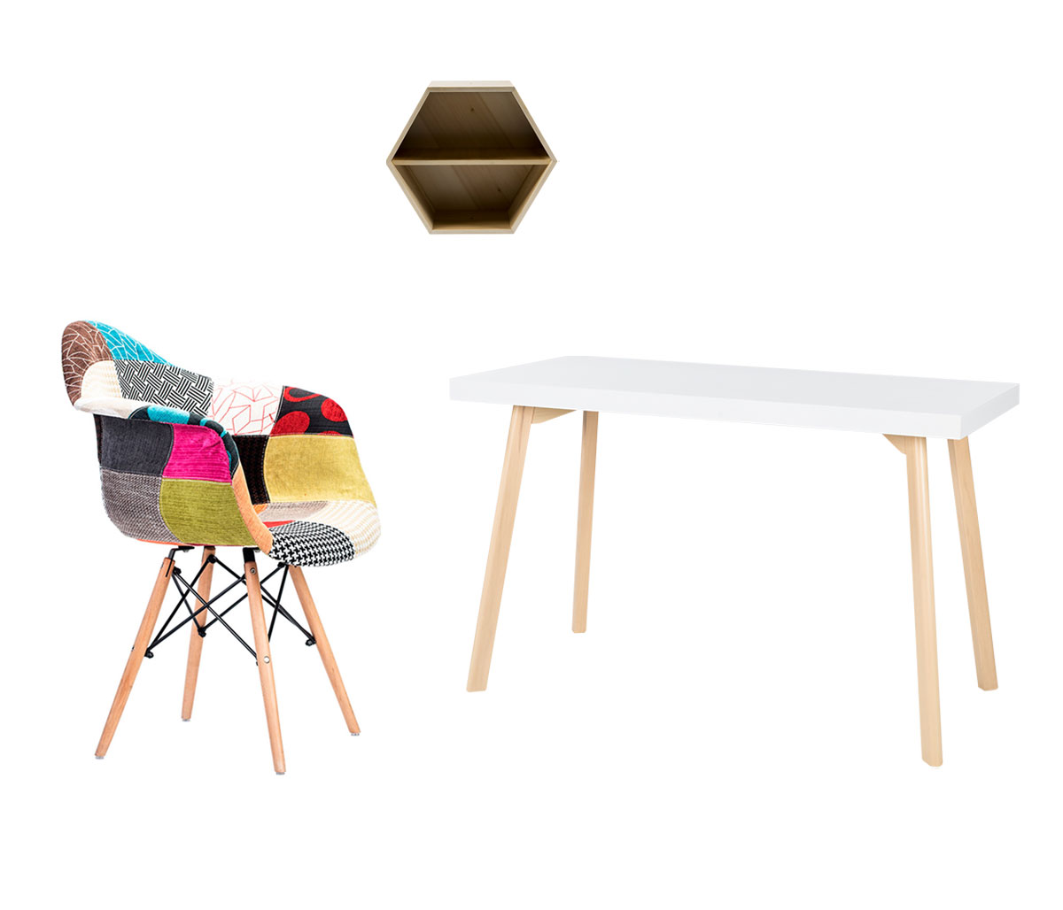 Escritorio Horacio + Silla Eames - Patchwork + Repisa Panal - Natural
