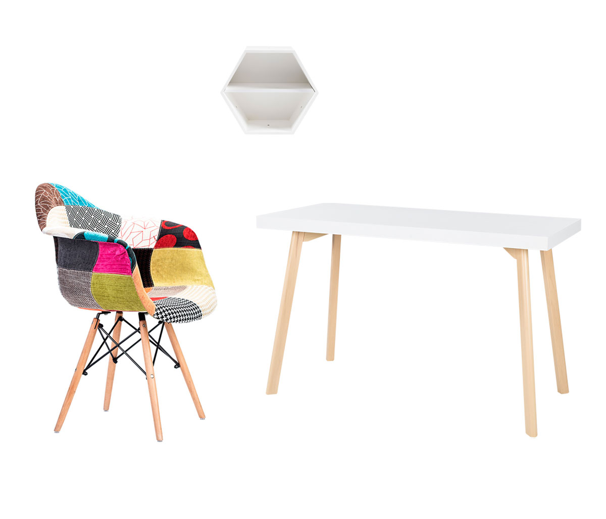 Escritorio Horacio + Silla Eames - Patchwork + Repisa Panal - Blanco